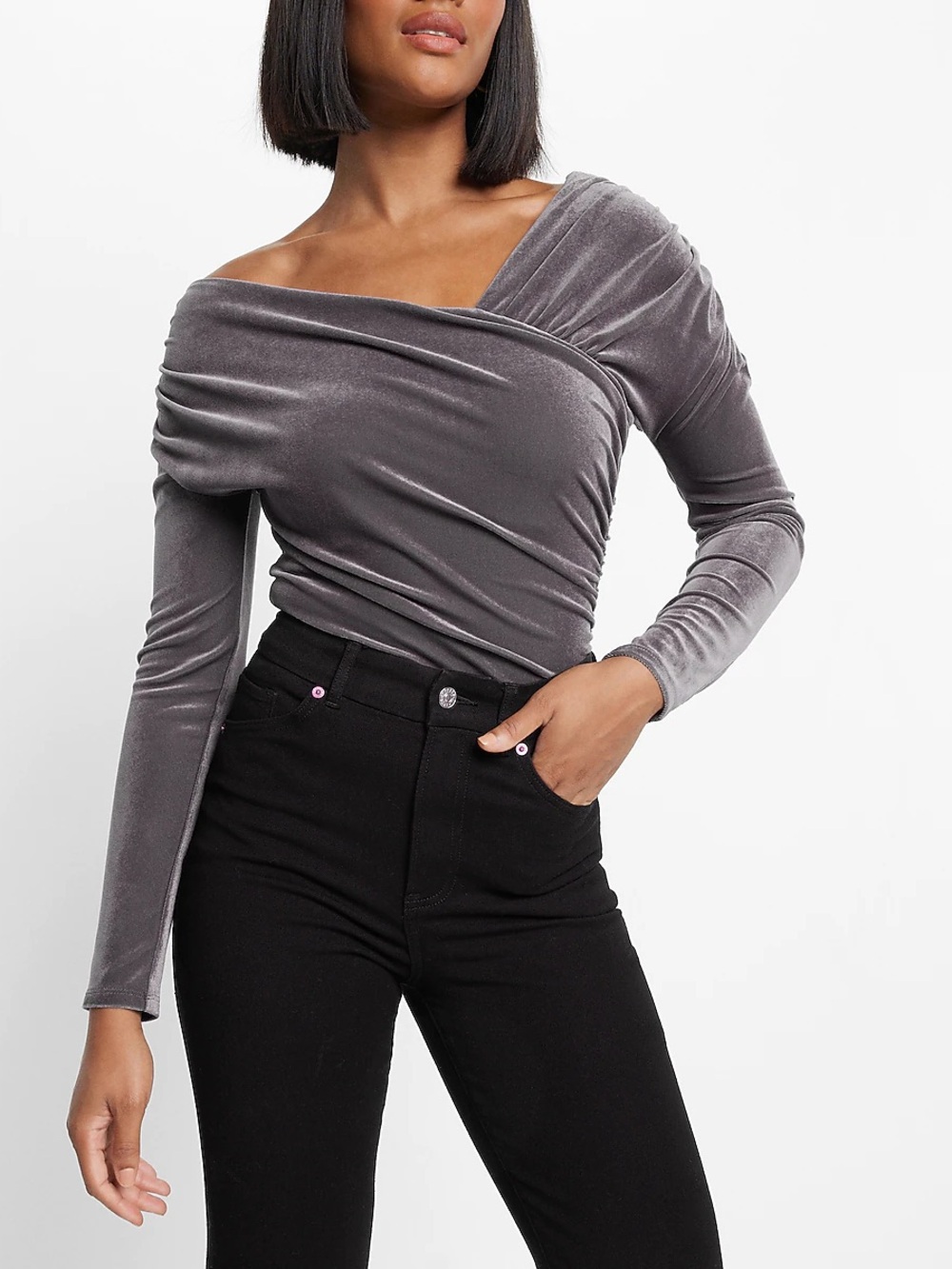 Express Body Contour Gray Velvet Off the Shoulder Bodysuit